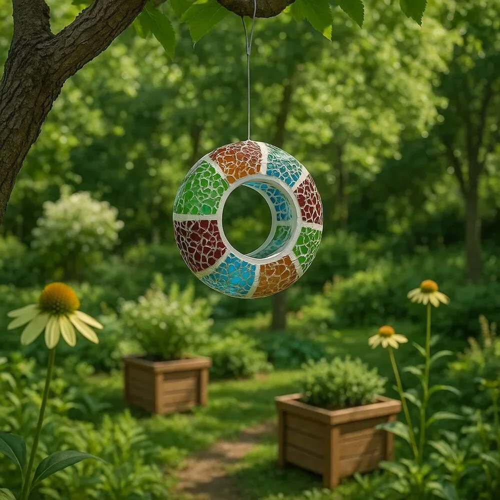 Mosaic Glass Hanging Bird Feeder With Multicolor Design For Outdoor Garden Decor
